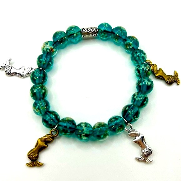 Handmade Glow-In-The-Dark Mermaid Charm Bracelet with Speckled Glass Beads! - Picture 2 of 9